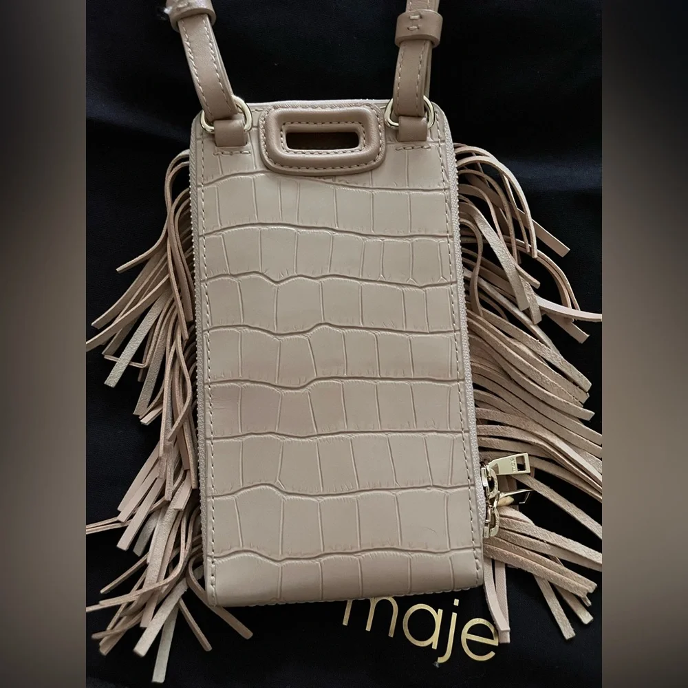 Maje Beige Croc-Embossed Fringe Crossbody Bag - Picture 5 of 9